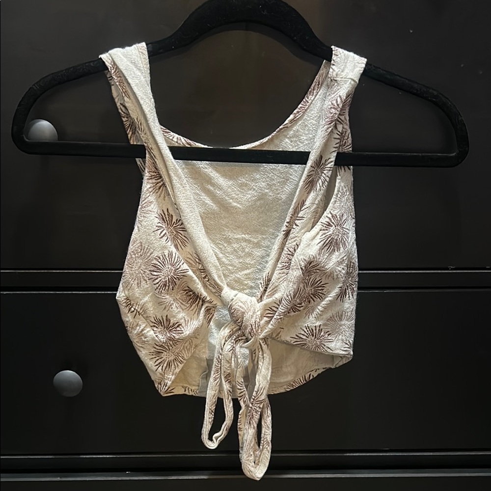 SHEIN Cream and Brown Floral Tie-Front Tank Top